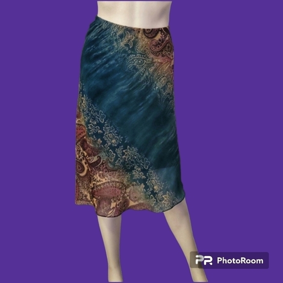 VTG BARANDA Fairycore Teal Paisley Chiffon Elastic Waist Longline Skirt - Picture 1 of 7